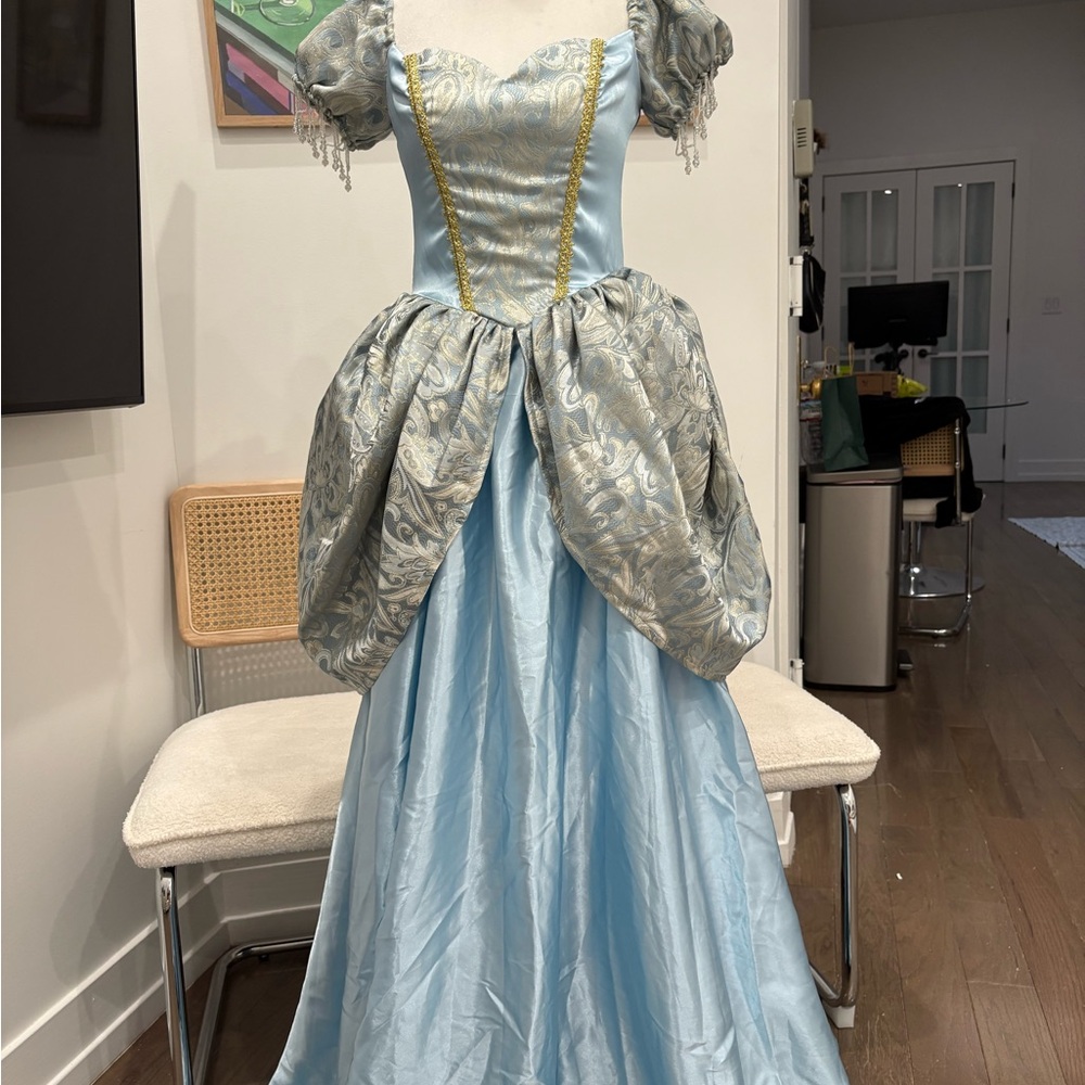 Light Blue Fairy Tale Ball Gown with Silver Brocade Draping